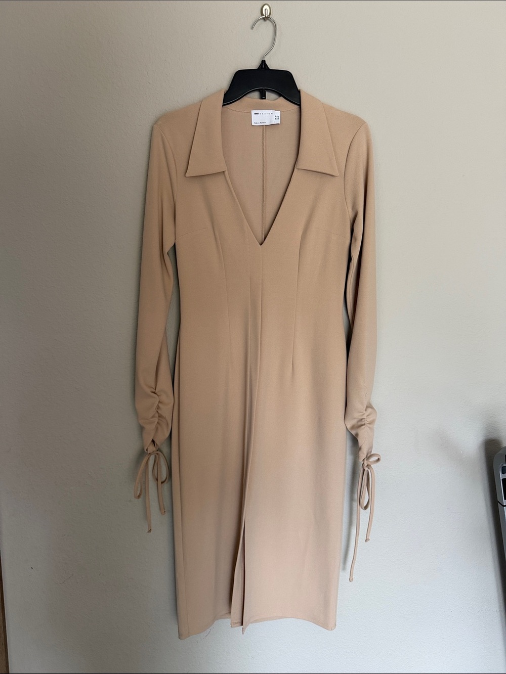 ASOS Beige V-Neck Long Sleeve Midi Dress with Tie Cuffs